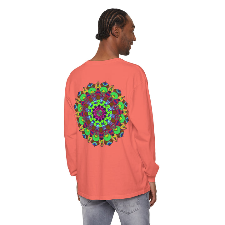 Vibrant and intricate mandala design long sleeve unisex t-shirt in multiple colors