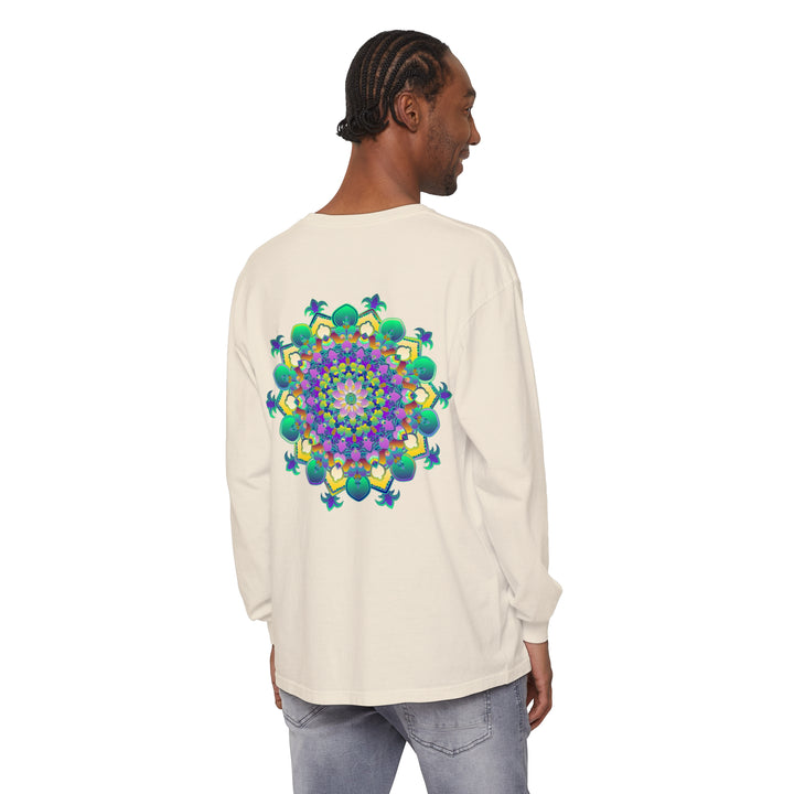 Intricate mandala long sleeve t-shirt with detailed colorful design and floral patterns