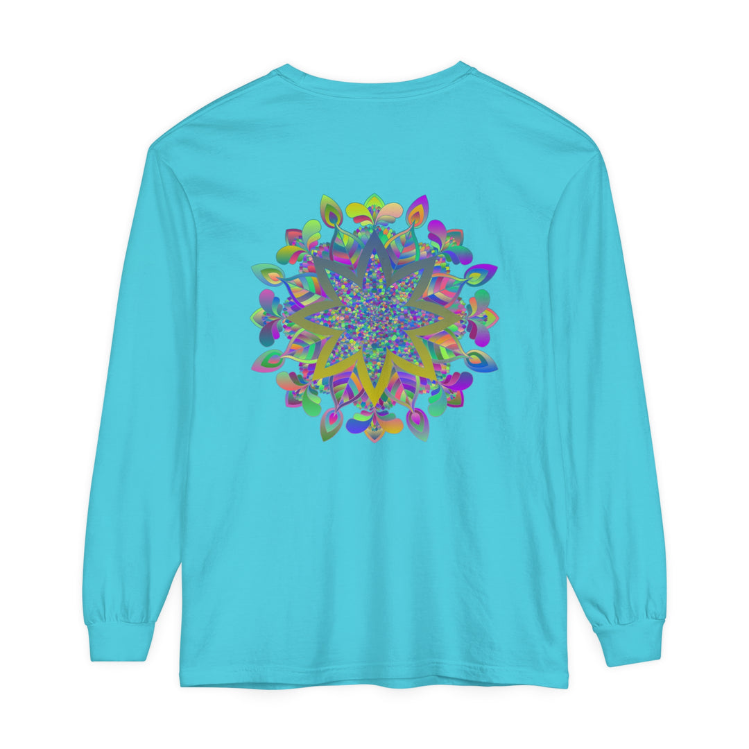 Vibrant and intricate mandala design on a unisex long sleeve t-shirt