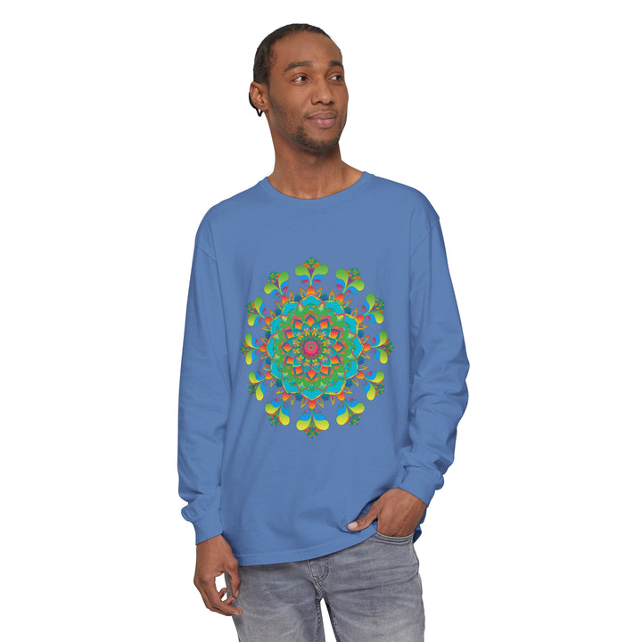 Colorful long sleeve t-shirt with psychedelic mandala tie dye design