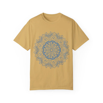 Unisex garment-dyed t-shirt with handmade mandala design, created by hand