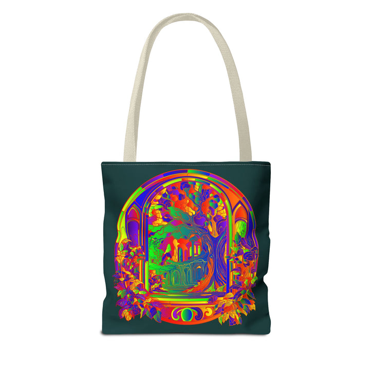 Colorful mandala design tote bag with mystical nature theme and vibrant colors