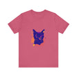 A detailed view of the vibrant and unique splatter pattern on the t-shirt