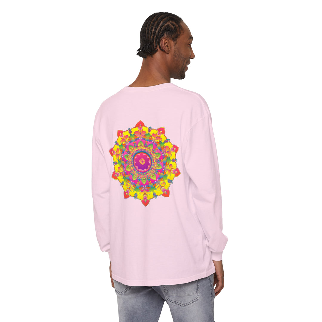 Vibrant Mandala Long Sleeve T-Shirt featuring intricate, colorful mandala design on sleeves and front