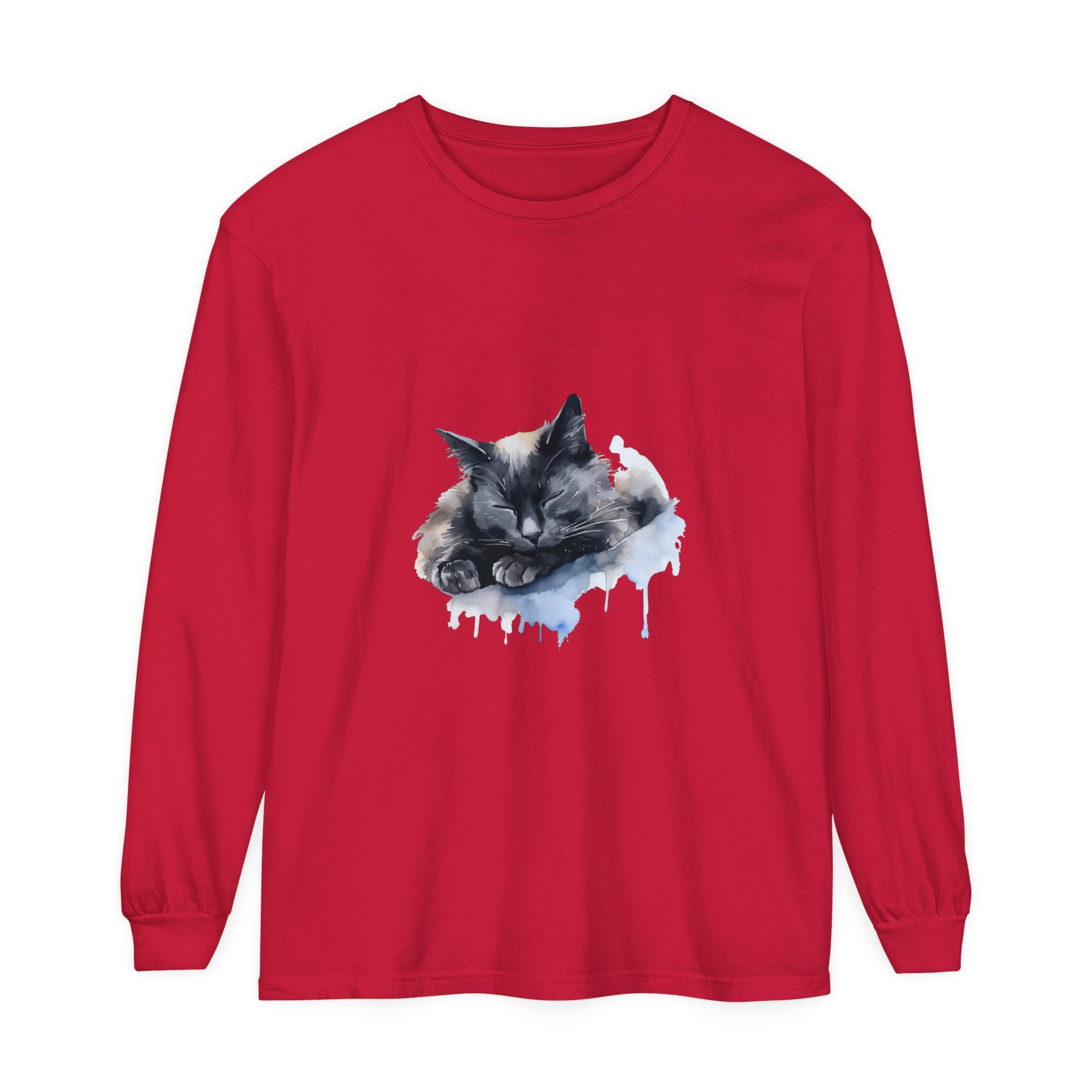 A hand-painted watercolor image of a sleeping cat on a comfortable t-shirt