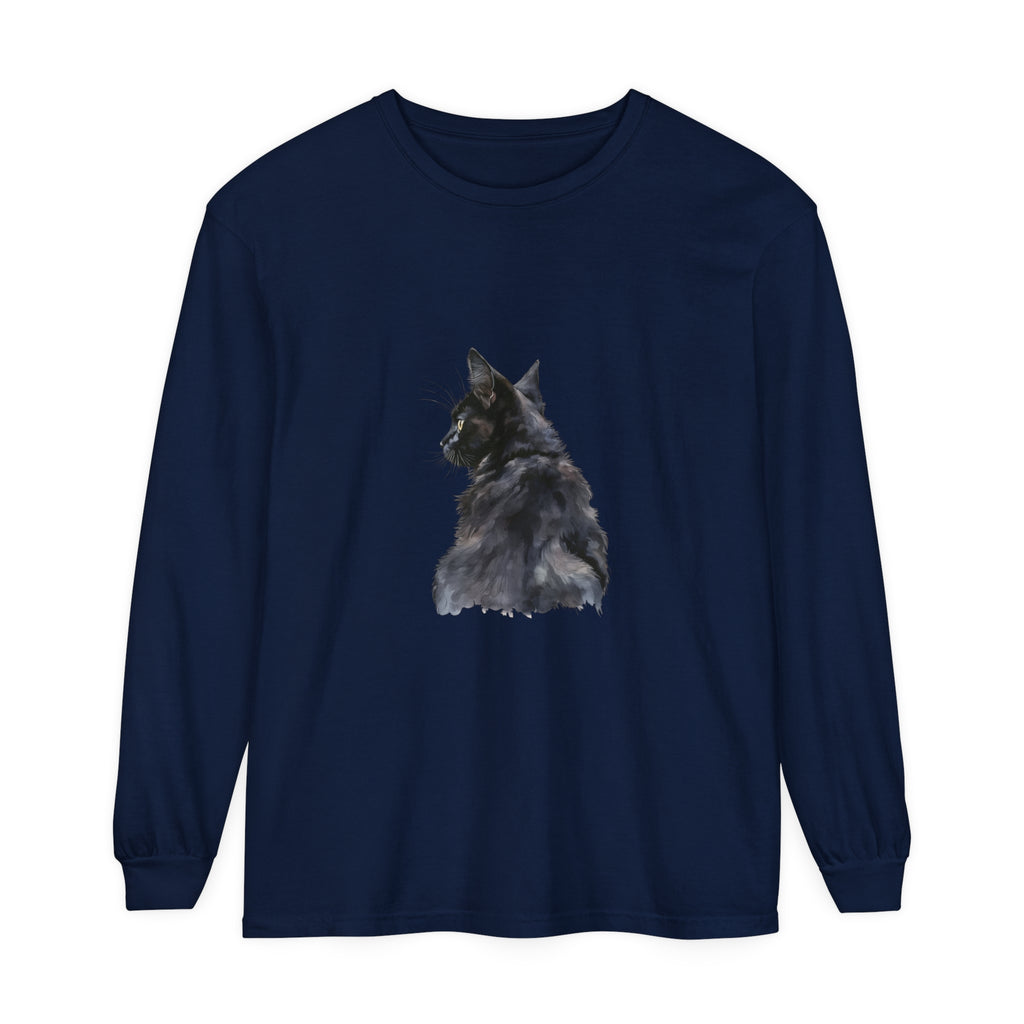 Black Cat Watercolor Long Sleeve T-Shirt featuring a beautiful, hand-painted feline design