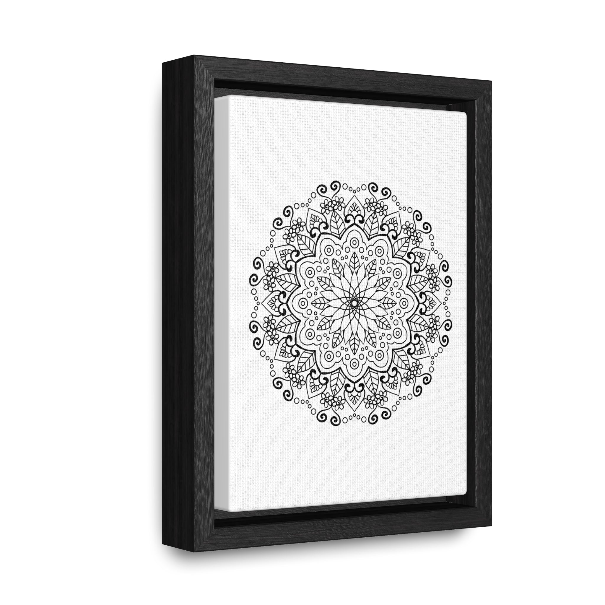 Handmade black and white mandala art on gallery canvas wraps, displayed in a vertical frame