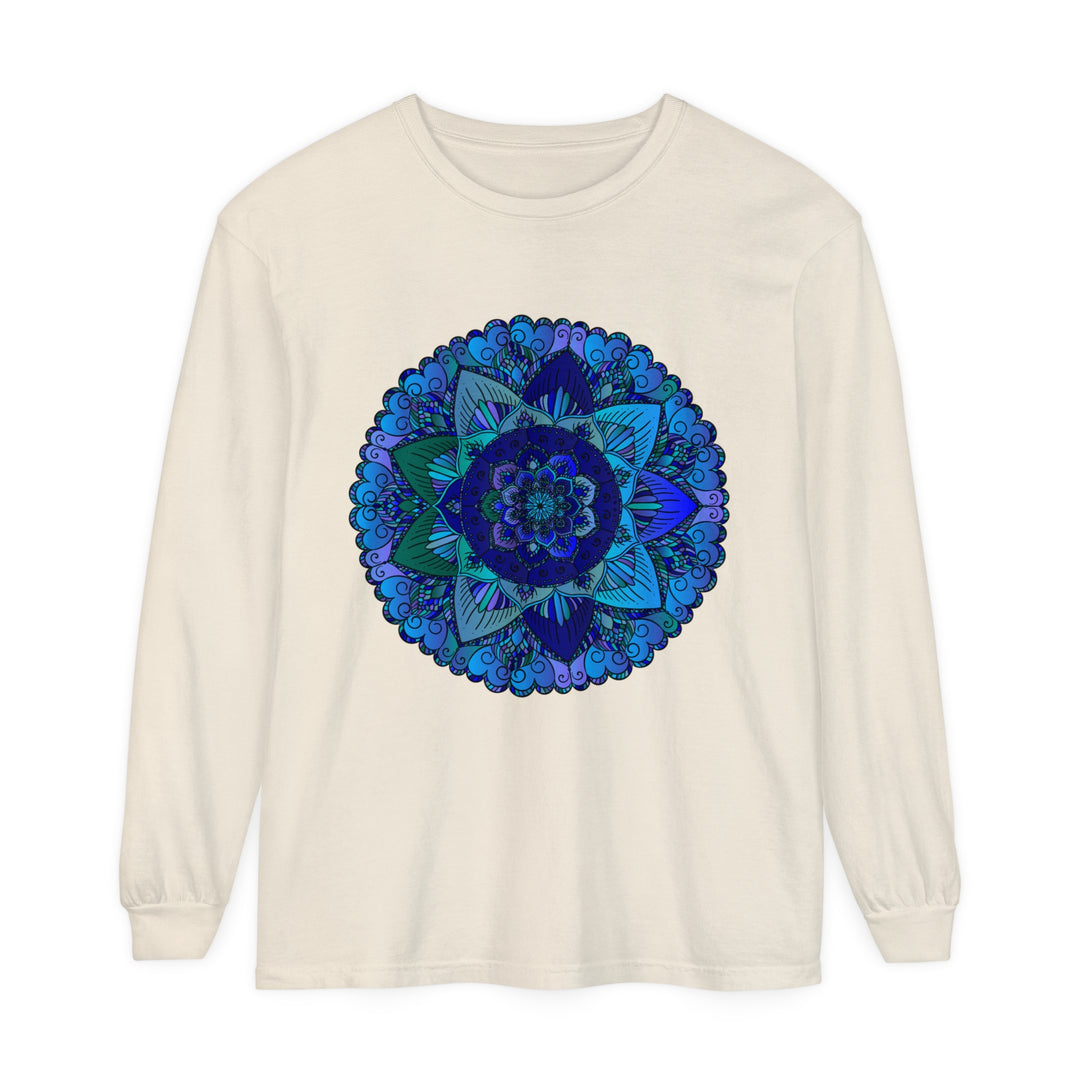 Dark blue and green mandala long sleeve t-shirt with intricate design