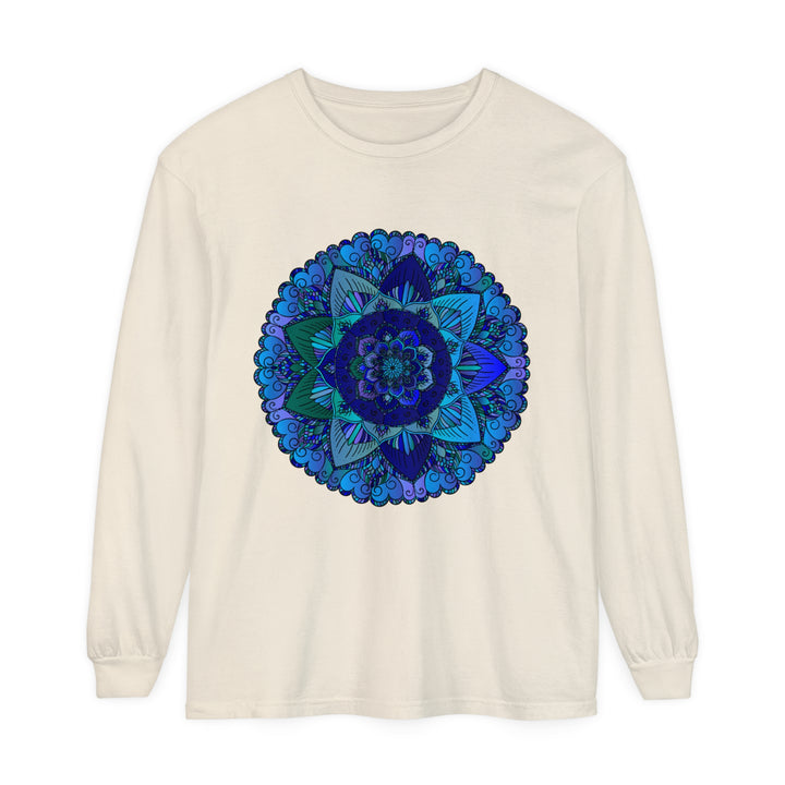 Dark blue and green mandala long sleeve t-shirt with intricate design