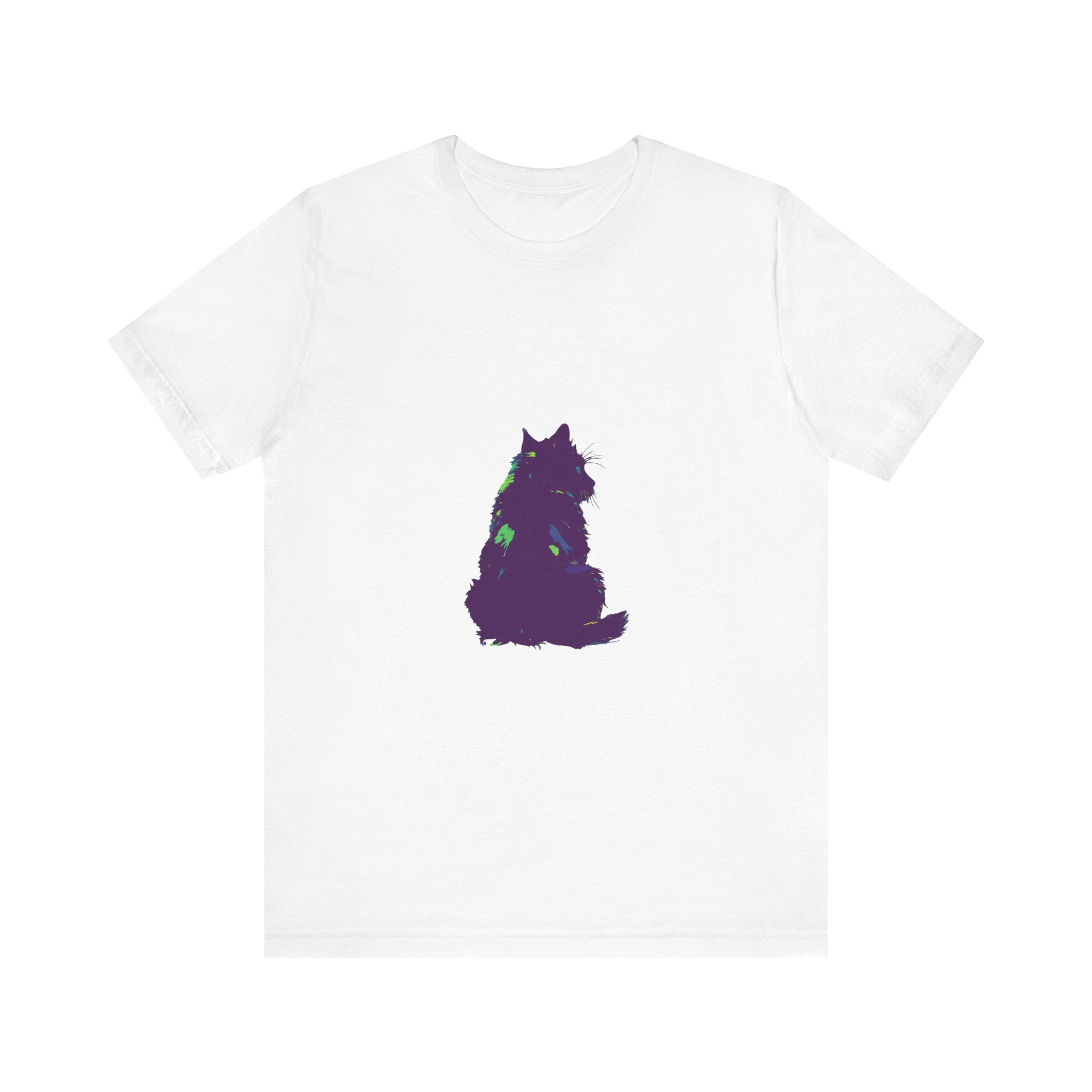 Black Cat Mystery - Colorful Silhouette T-Shirt: A vibrant and eye-catching design featuring a bold black cat silhouette against a colorful background, perfect for cat lovers and mystery enthusiasts