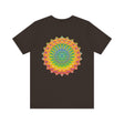 A beautiful, colorful mandala patterned tee, promoting spiritual peace and harmony