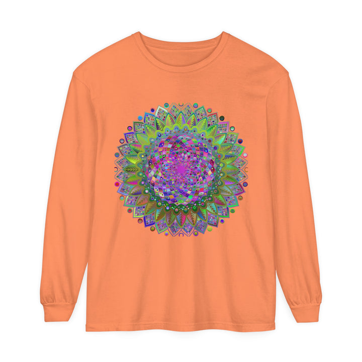 A colorful, intricate mandala design adorns this unisex long sleeve t-shirt