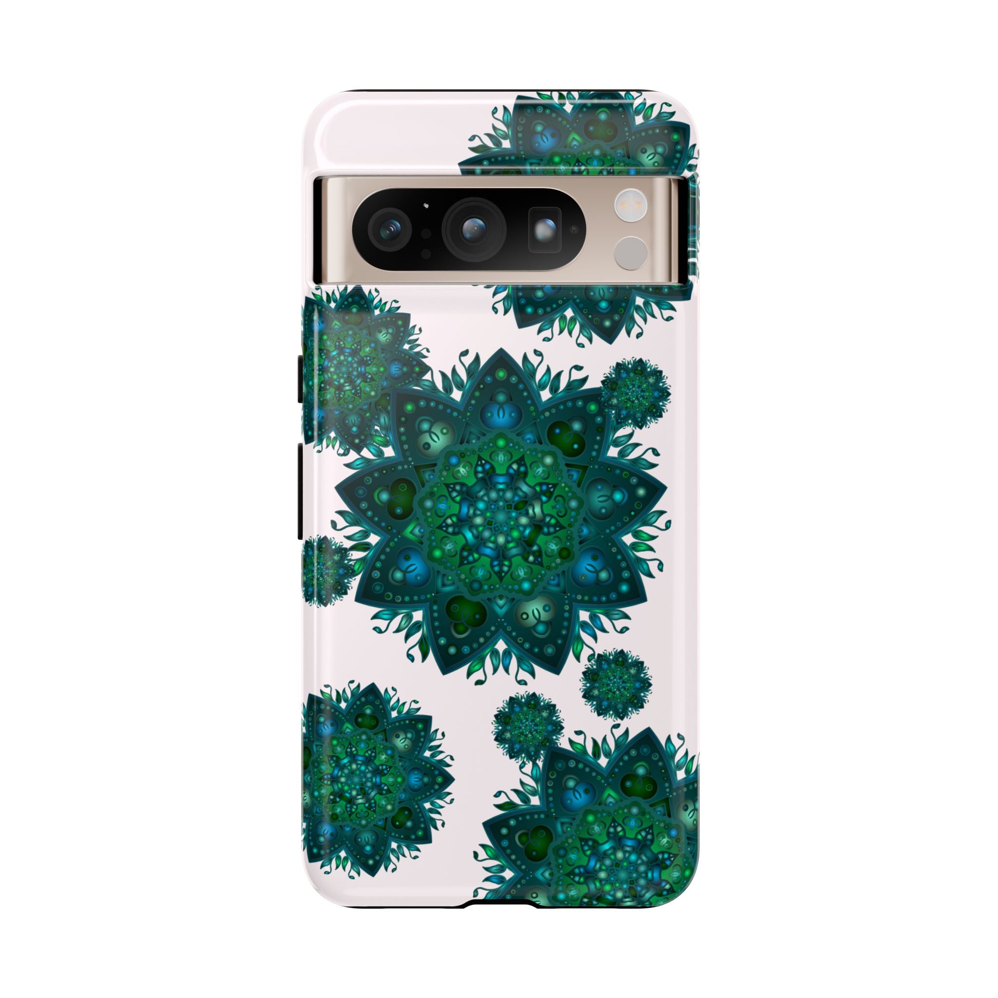 Beautiful light pink and green mandala phone case with a peaceful and intricate design