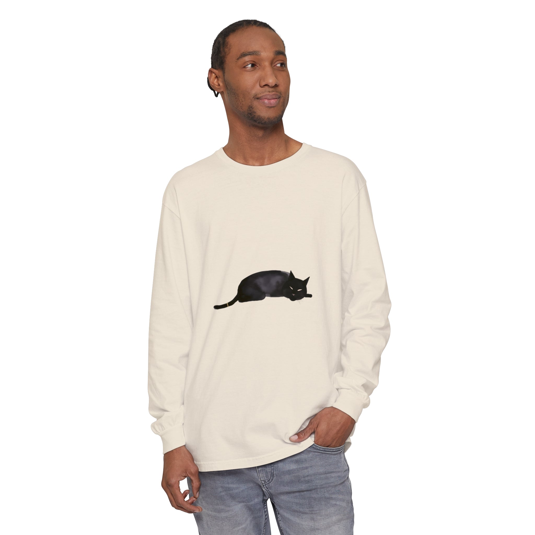 A cozy and stylish unisex long sleeve t-shirt featuring a sleeping black cat design