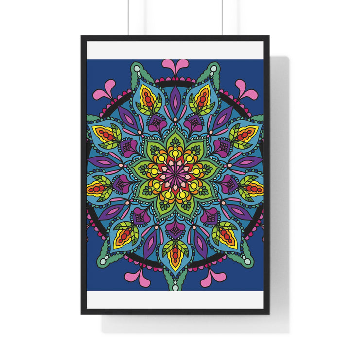 Beautiful vertical framed poster featuring a hand-drawn blue mandala art, perfect for mindfulness and yoga practices