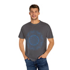 Vibrantly colored unisex garment-dyed tee featuring a handmade mandala art design