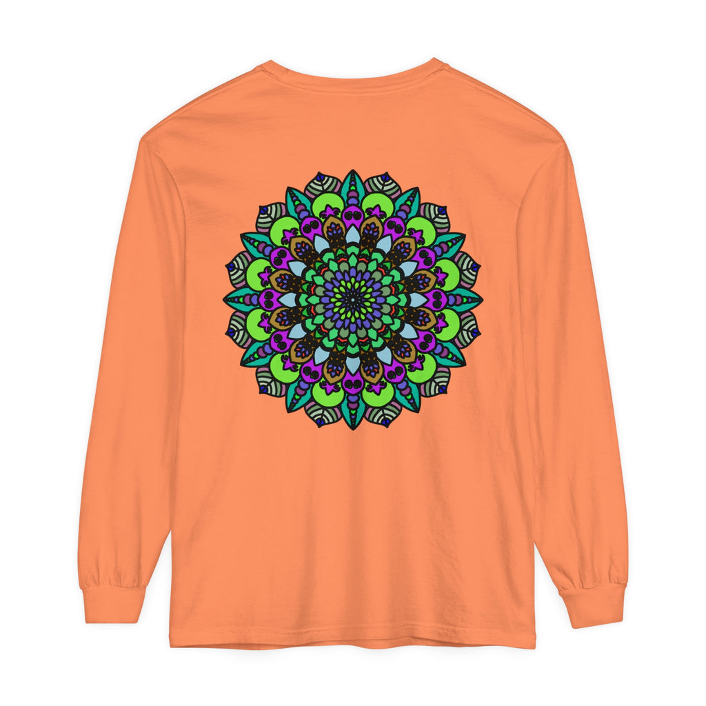 Colorful and intricate psychedelic mandala design on unisex long sleeve t-shirt