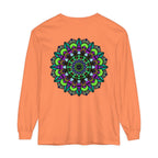 Colorful and intricate psychedelic mandala design on unisex long sleeve t-shirt