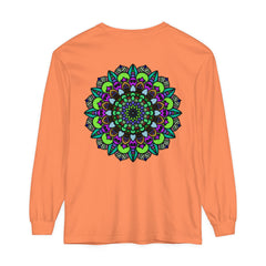 Colorful and intricate psychedelic mandala design on unisex long sleeve t-shirt