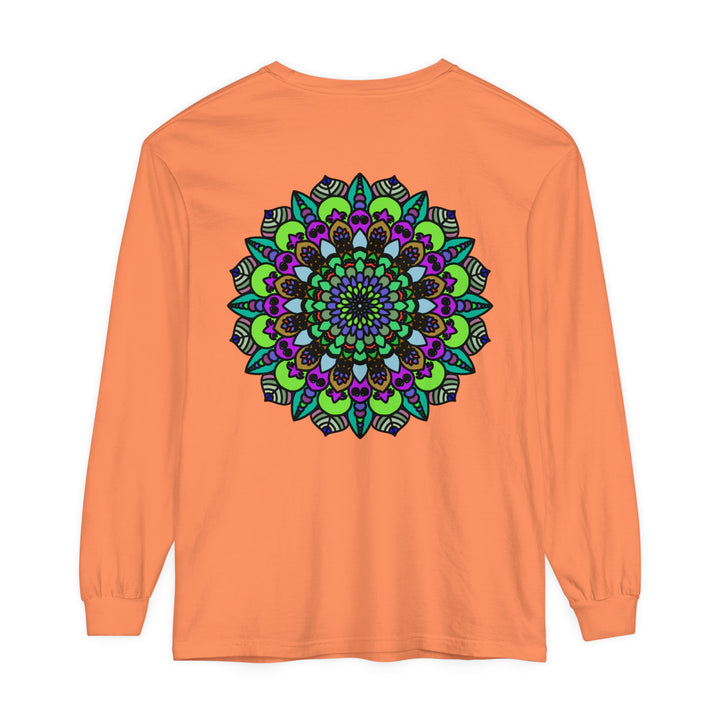 Colorful and intricate psychedelic mandala design on unisex long sleeve t-shirt