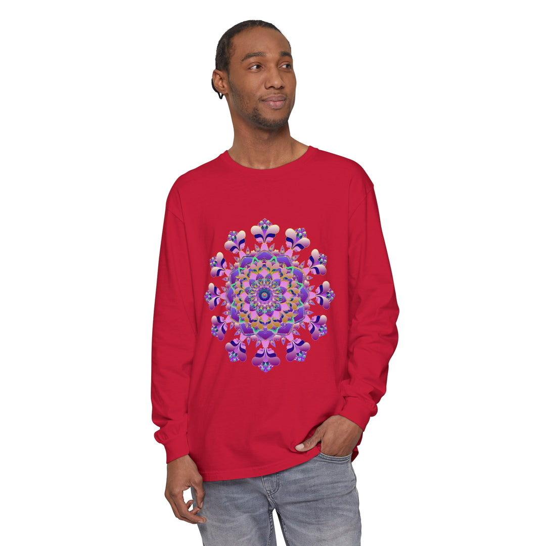 A detailed, colorful mandala design decorates this unisex long sleeve t-shirt