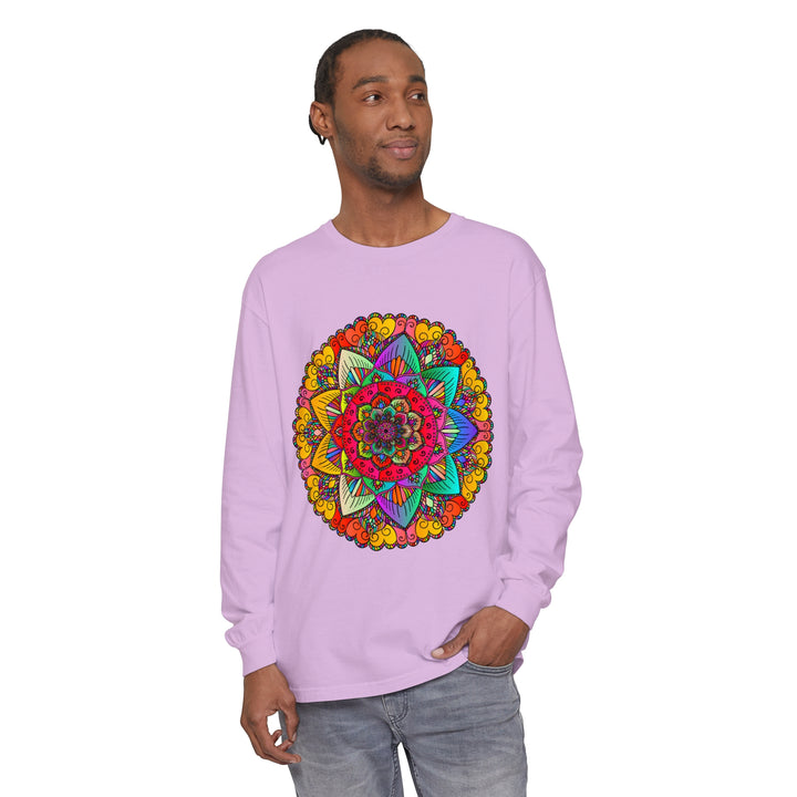 Colorful and intricate mandala design on a unisex long sleeve t-shirt