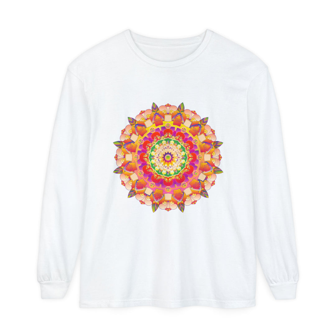 Colorful and intricate mandala design on a unisex long sleeve t-shirt