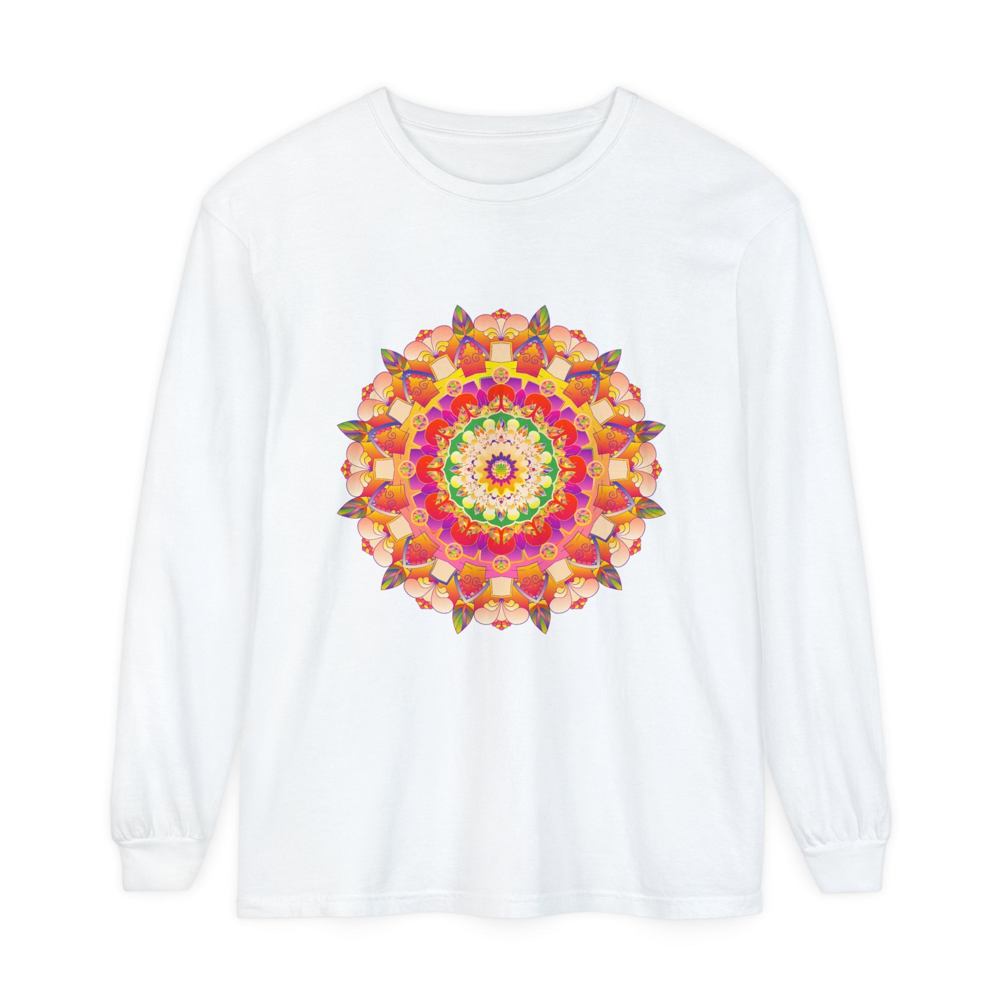 Colorful and intricate mandala design on a unisex long sleeve t-shirt