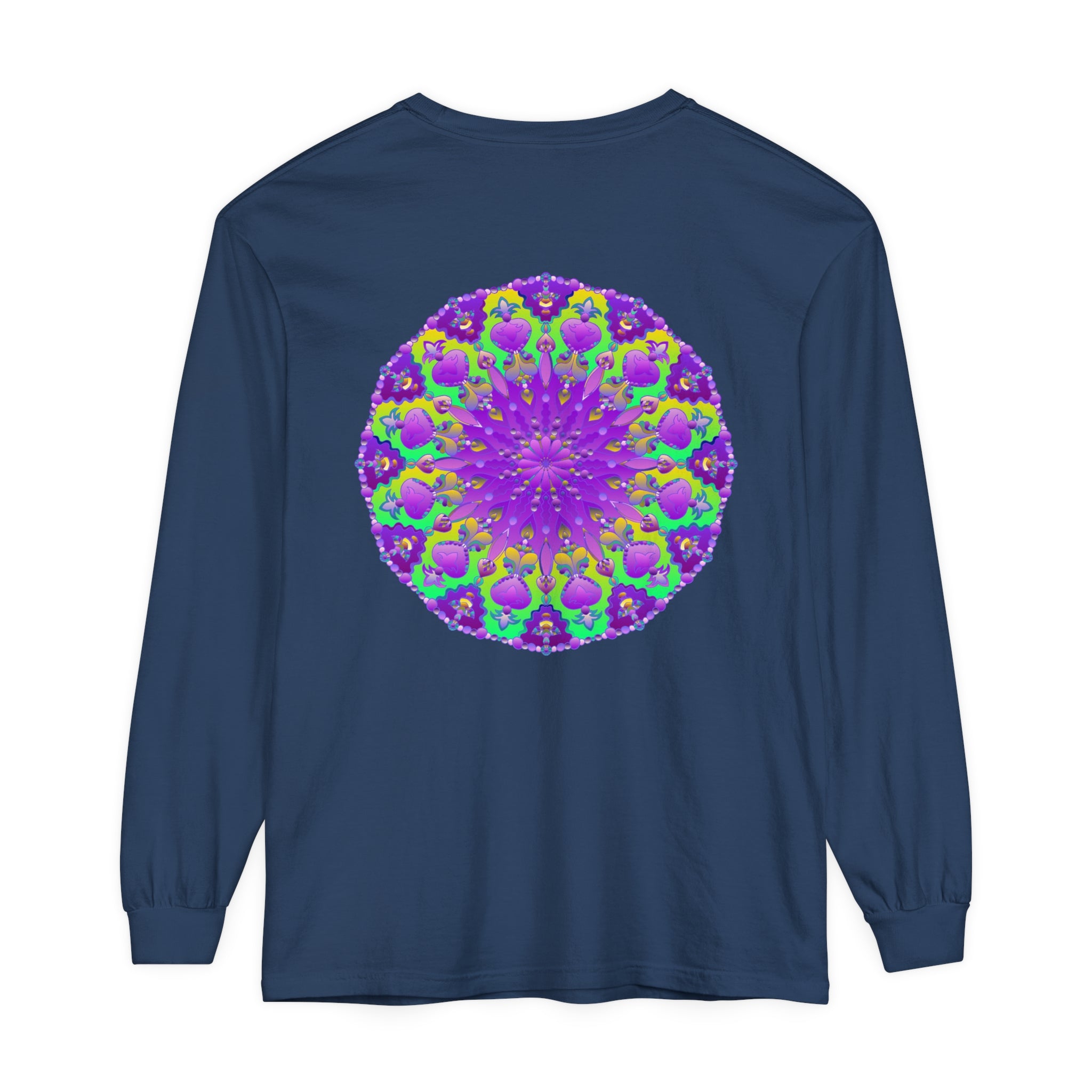 Long sleeve t-shirt featuring a vibrant purple and green mandala design