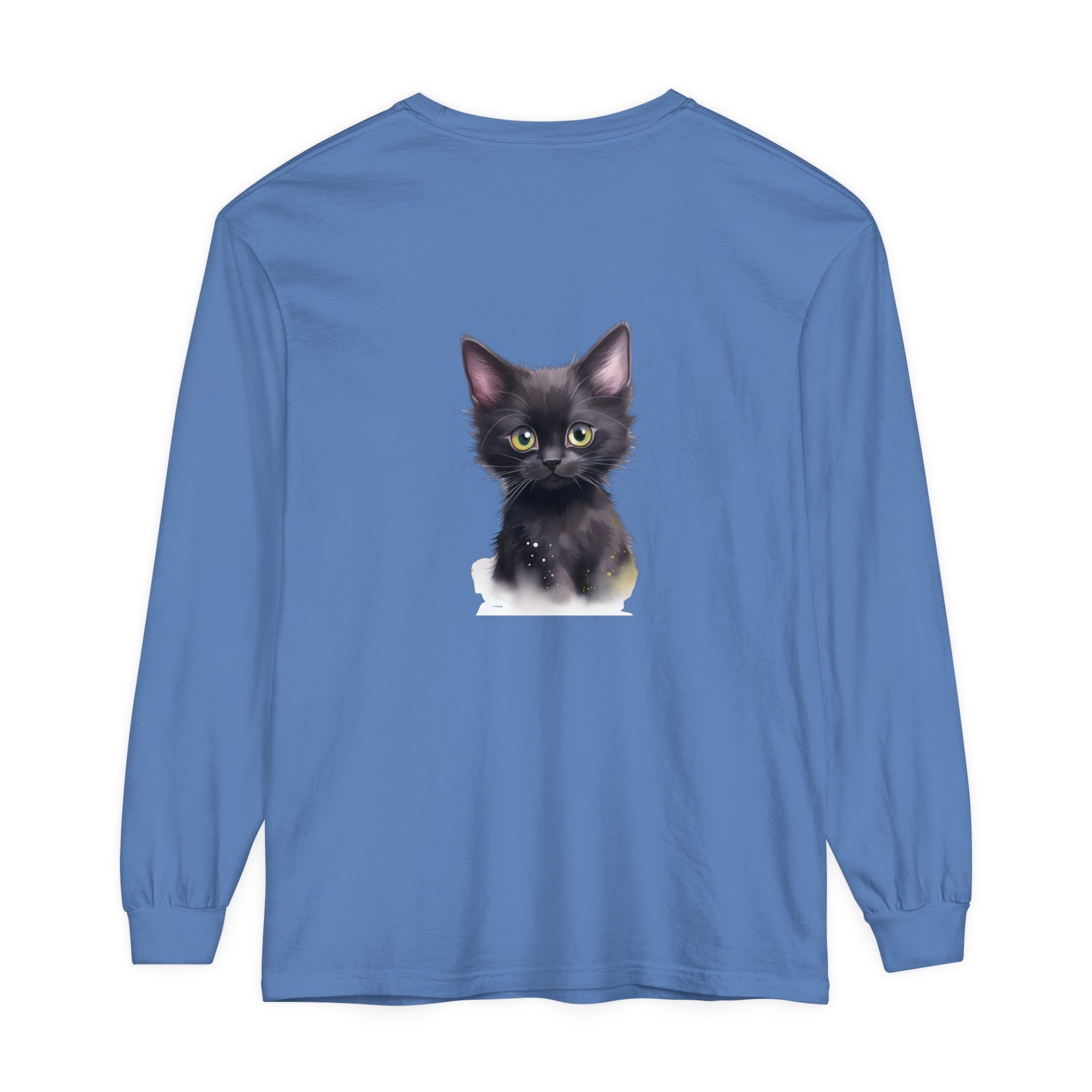 Adorable black kitten with bright green eyes printed on a comfortable t-shirt