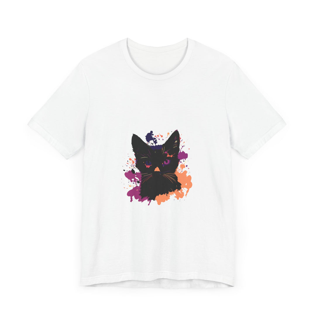 A close-up image of the Black Cat Mystery T-Shirt - Purple Eyes, featuring a black cat with piercing purple eyes against a dark background