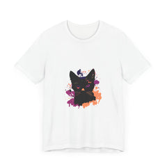 A close-up image of the Black Cat Mystery T-Shirt - Purple Eyes, featuring a black cat with piercing purple eyes against a dark background
