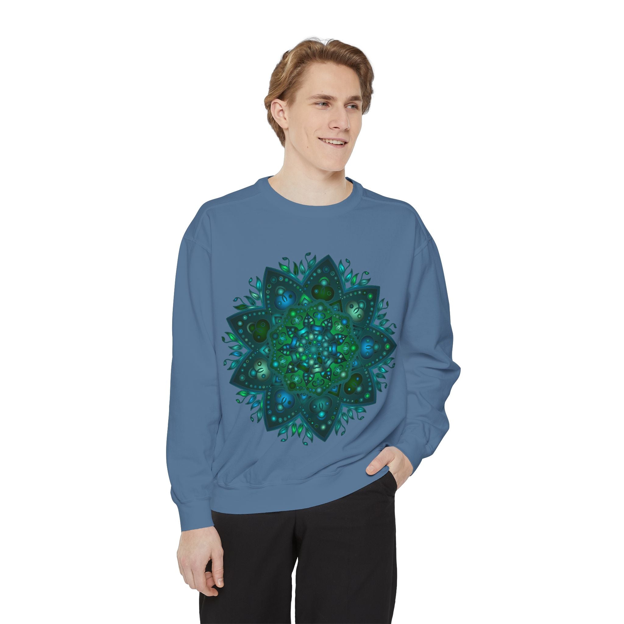 Teal and blue mandala sweatshirt with intricate design and vibrant colors