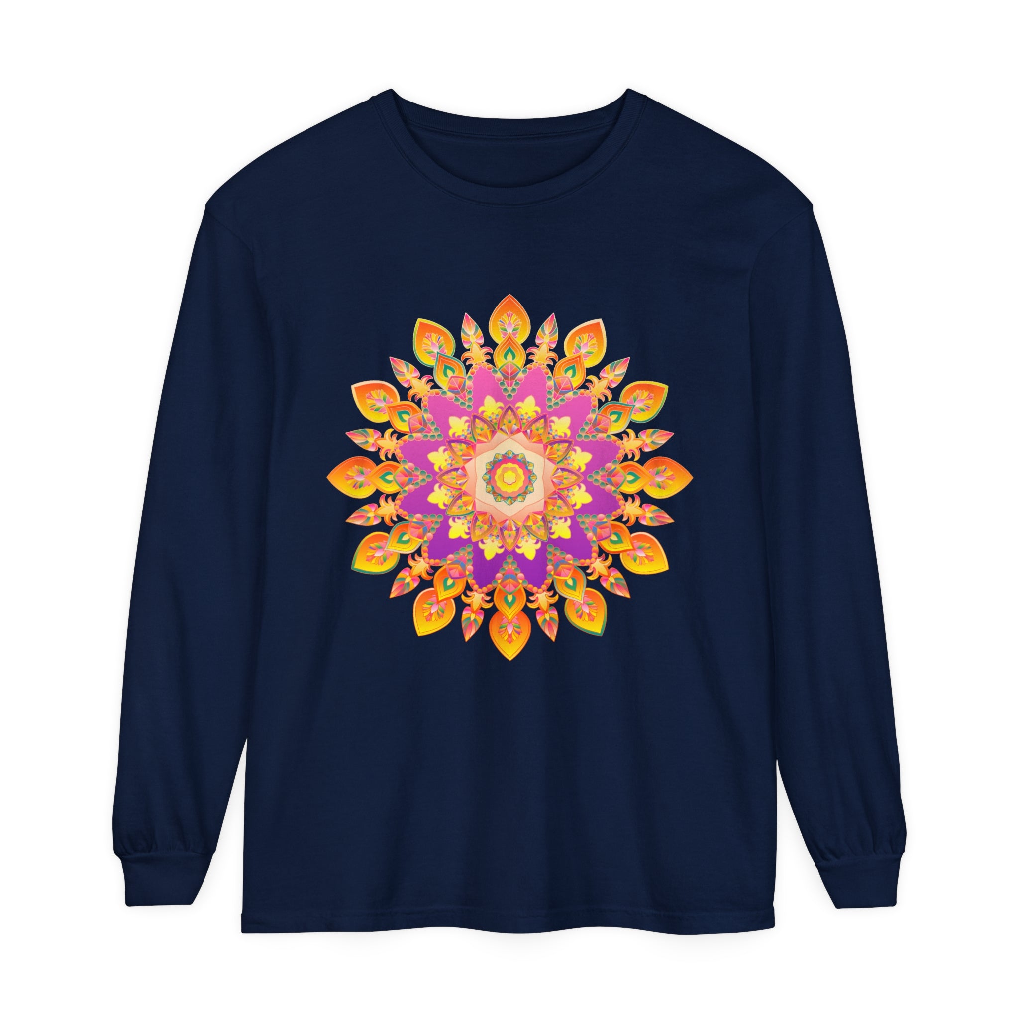 Colorful and intricately designed unisex long sleeve t-shirt with vibrant mandala pattern