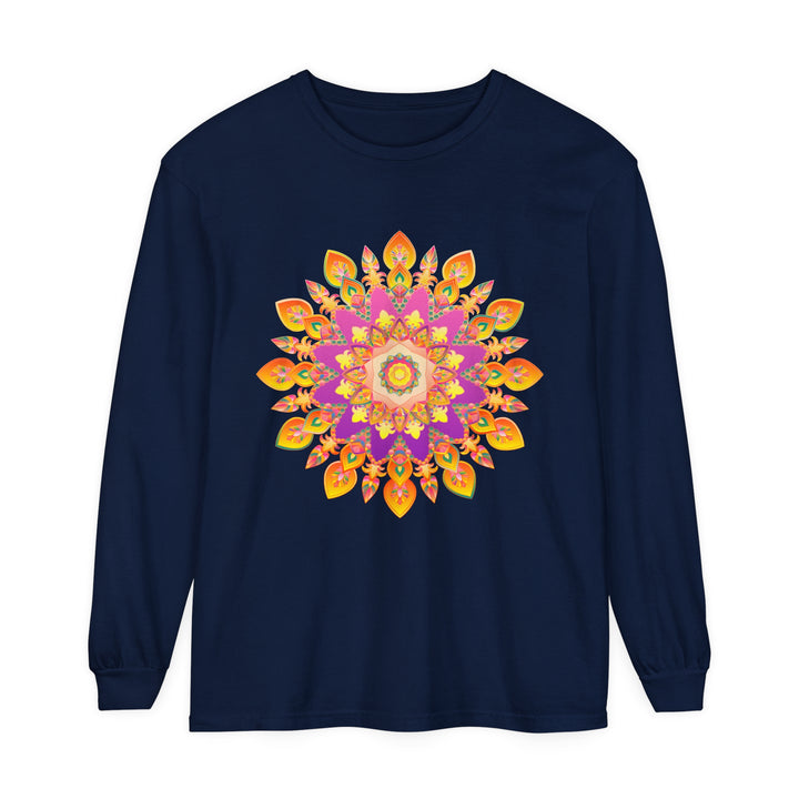 Colorful and intricately designed unisex long sleeve t-shirt with vibrant mandala pattern