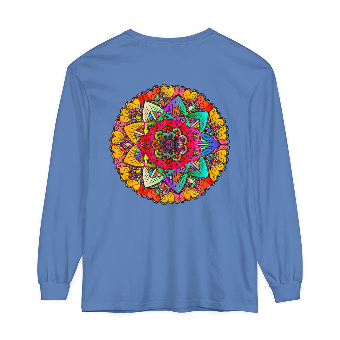 A colorful and intricate mandala design adorns this unisex long sleeve t-shirt