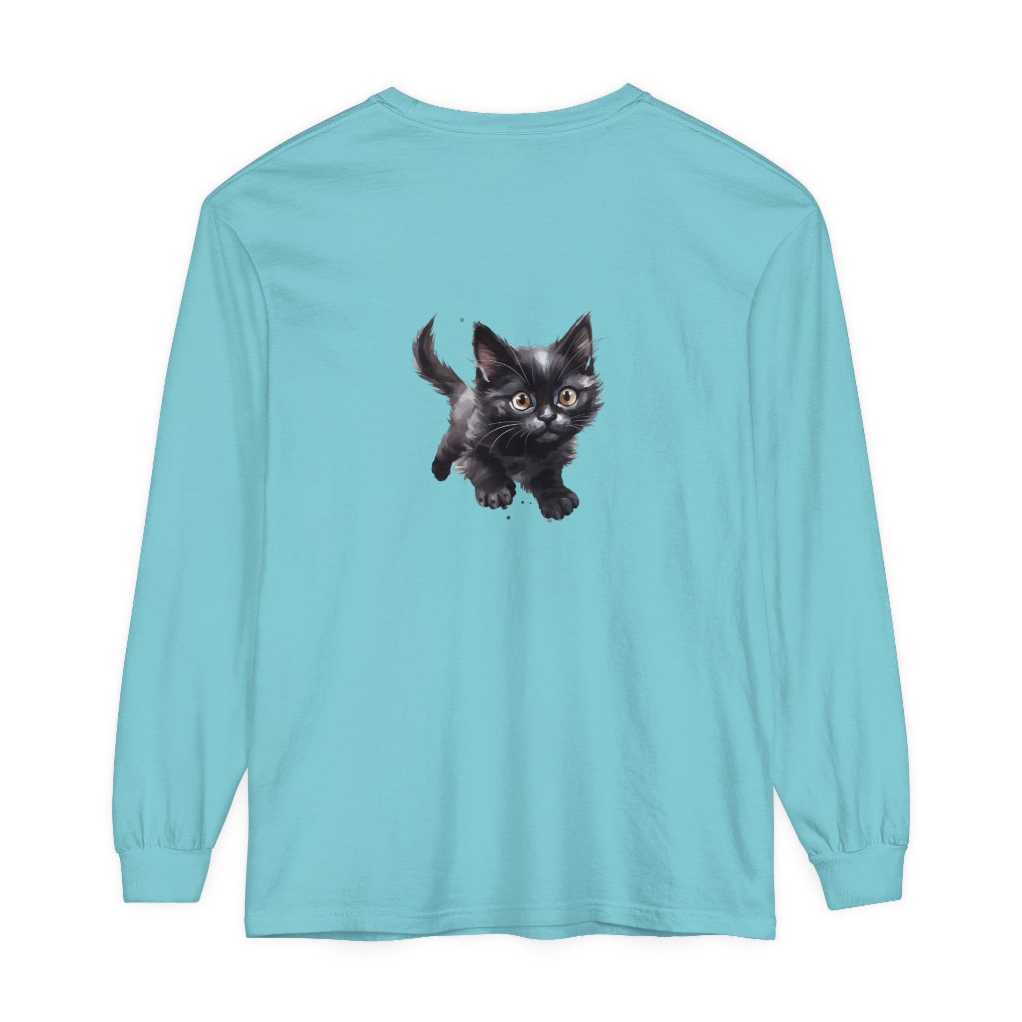 A charming watercolor illustration of a kitten playing with a ball on a t-shirt