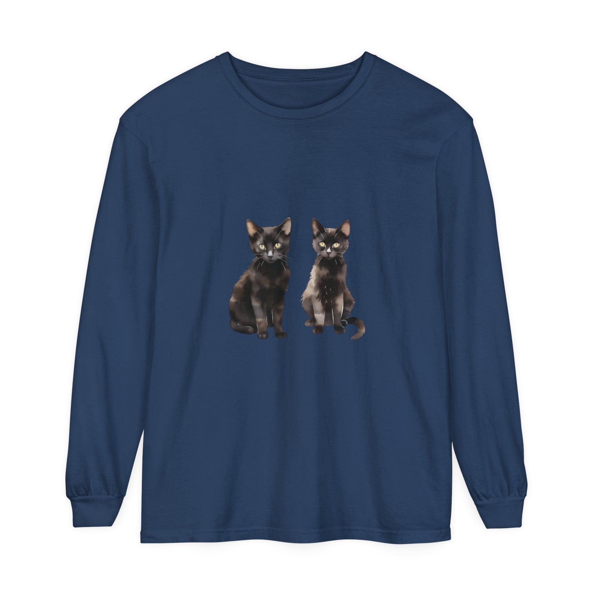 Beautiful and vibrant watercolor art of a black cat on a long sleeve t-shirt