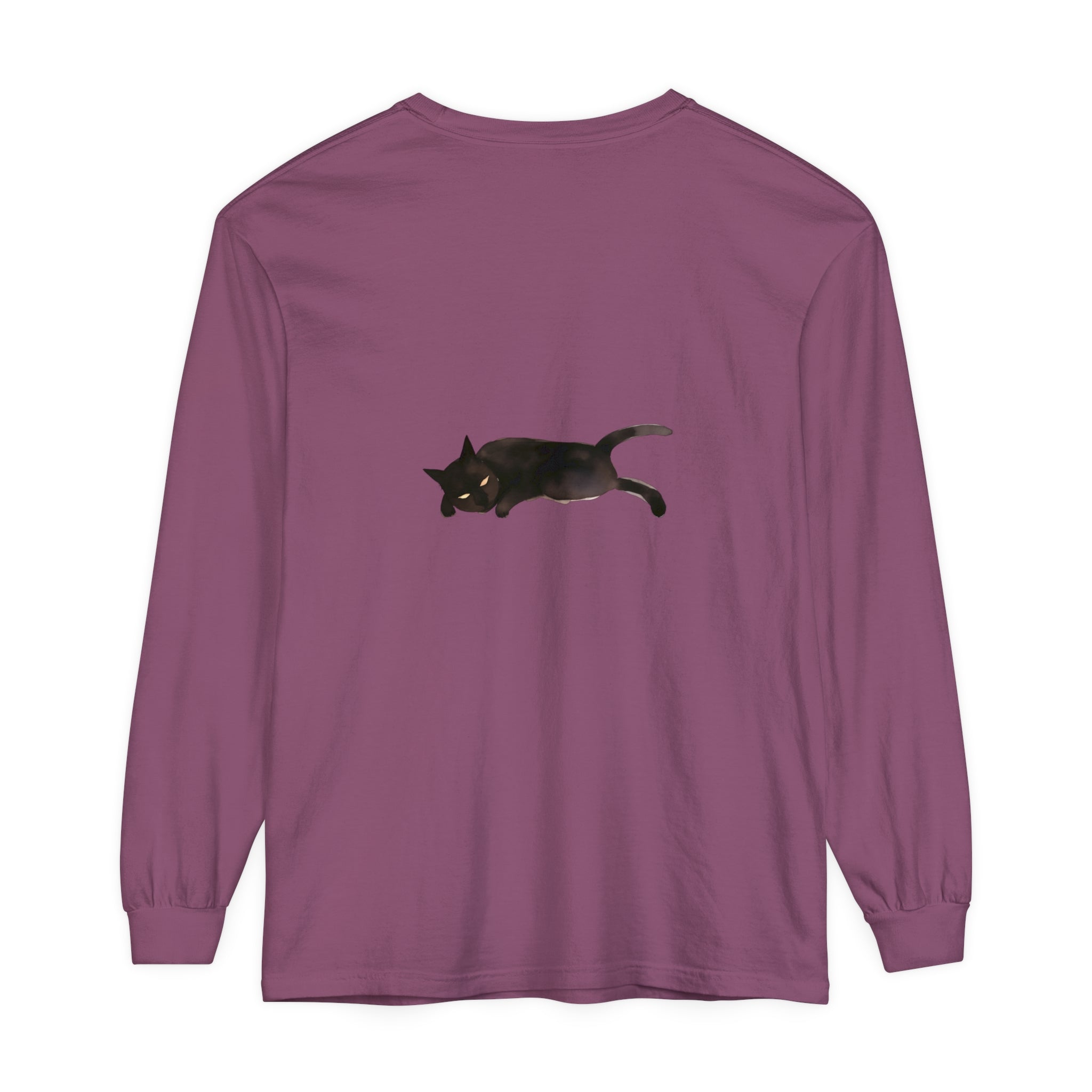 Adorable sleeping black cat design on a unisex long sleeve t-shirt