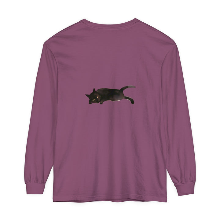 Adorable sleeping black cat design on a unisex long sleeve t-shirt