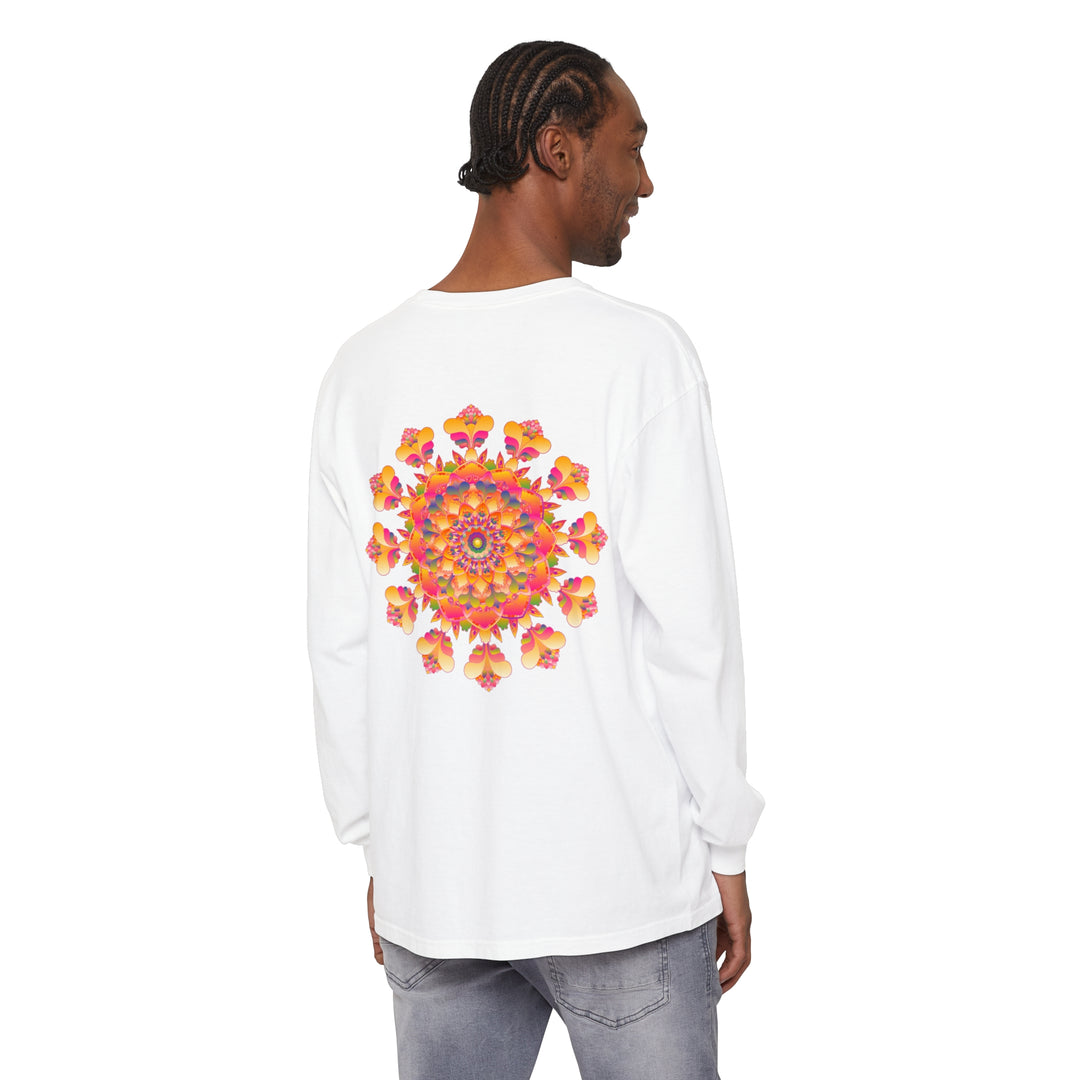 Colorful and intricate mandala design on a unisex long sleeve t-shirt