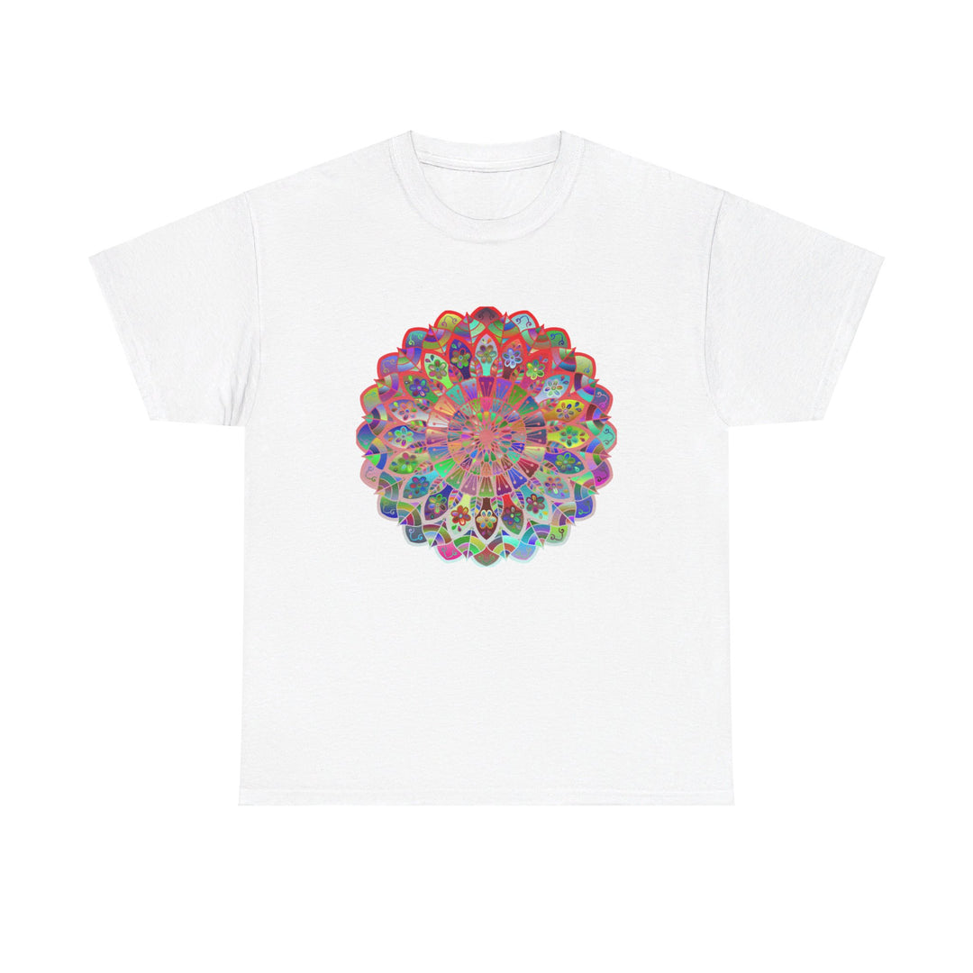 Colorful mandala design printed on a soft, heavy cotton unisex t-shirt, perfect for yoga and mindfulness practices