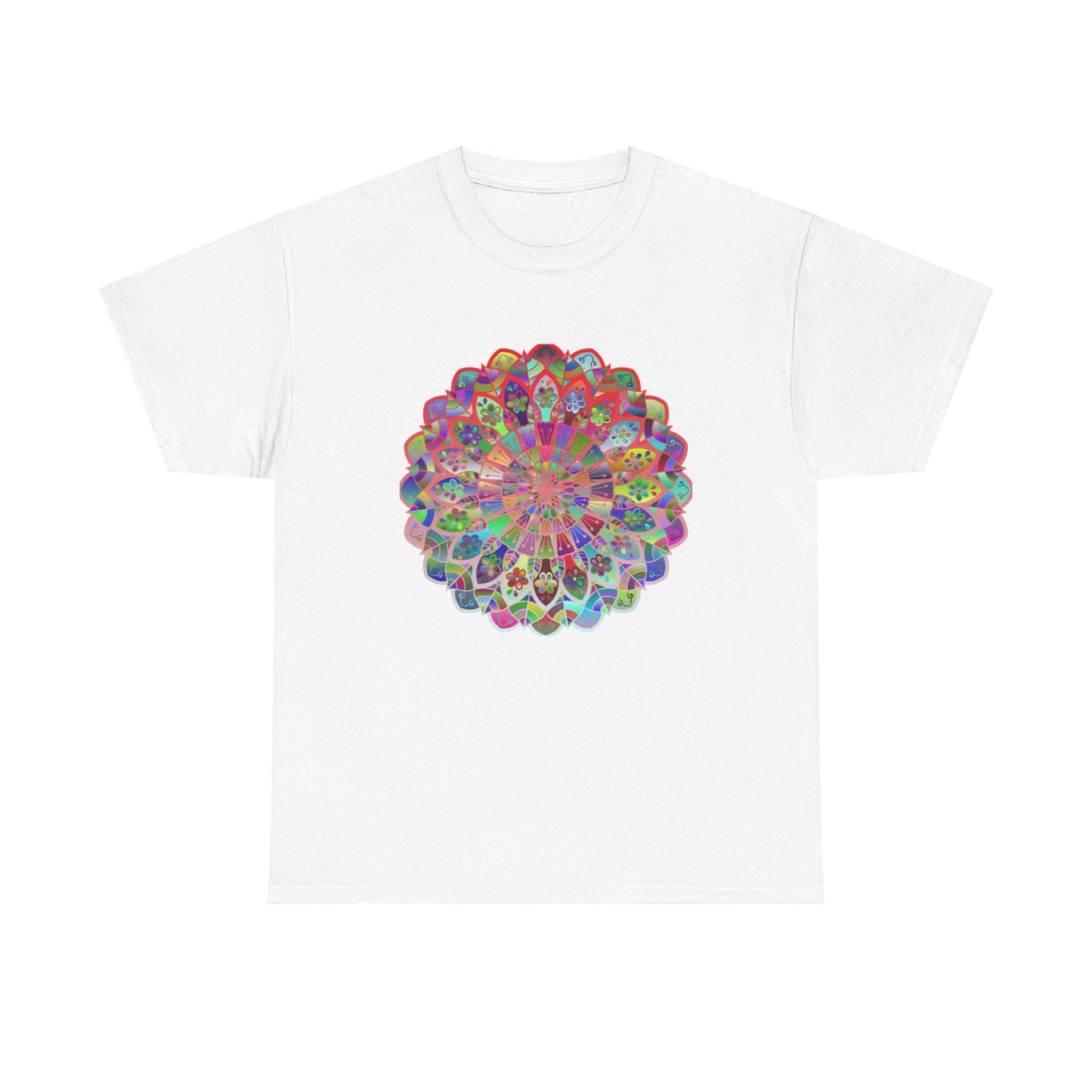 Colorful mandala design printed on a soft, heavy cotton unisex t-shirt, perfect for yoga and mindfulness practices