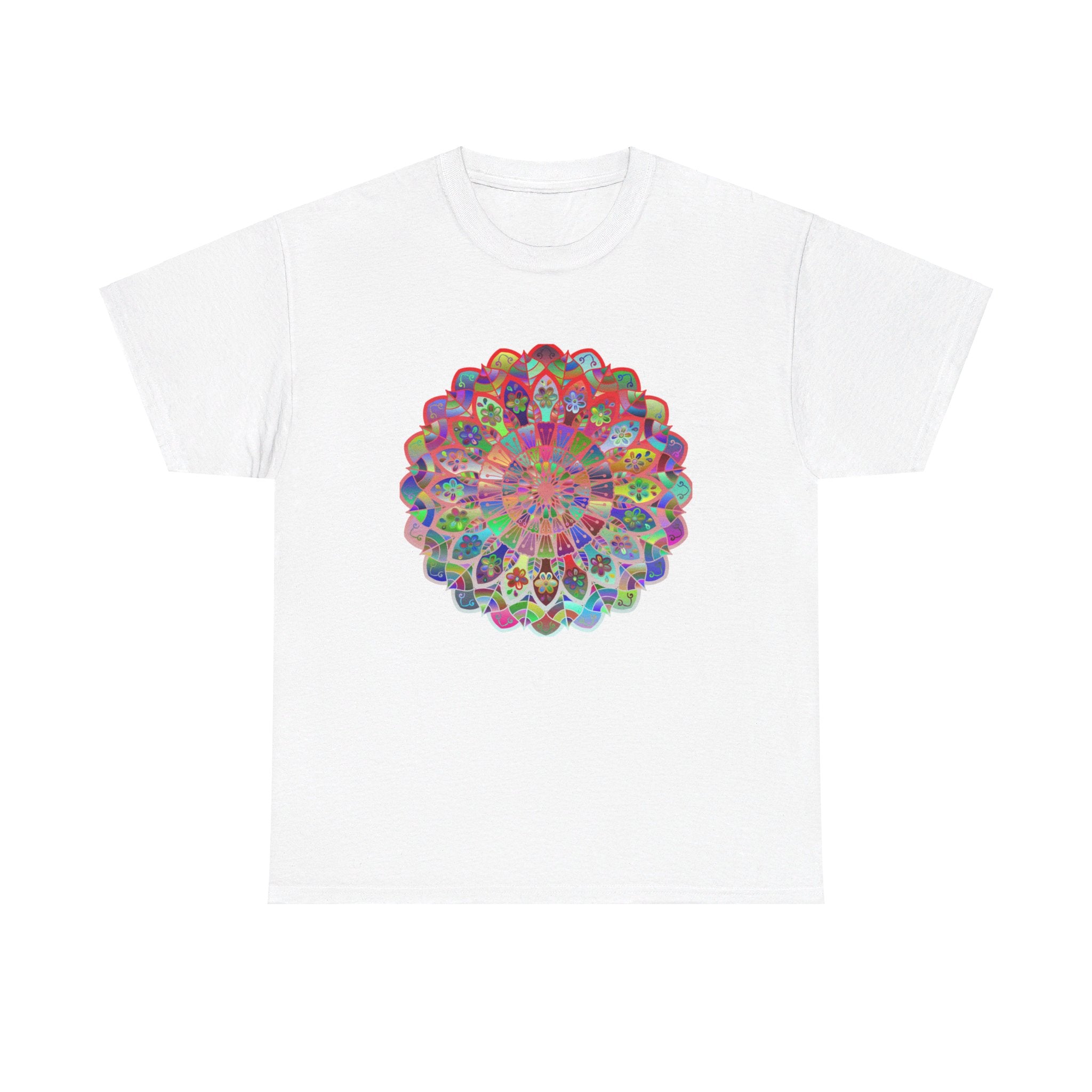 Colorful mandala design printed on a soft, heavy cotton unisex t-shirt, perfect for yoga and mindfulness practices