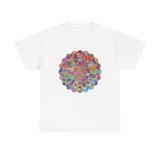 Colorful mandala design printed on a soft, heavy cotton unisex t-shirt, perfect for yoga and mindfulness practices