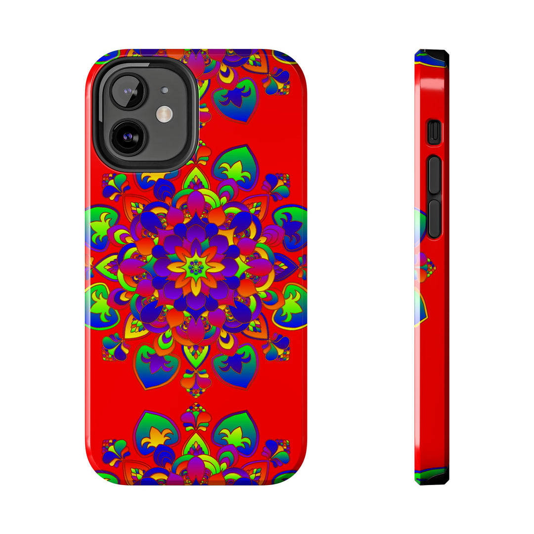 Hand drawn red mandala art phone case with intricate design