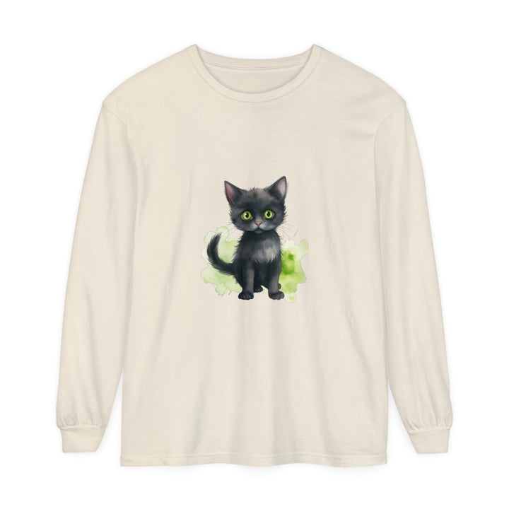 Black Cat Watercolor Long Sleeve T-Shirt featuring a realistic watercolor print of a black cat on a comfortable long sleeve shirt