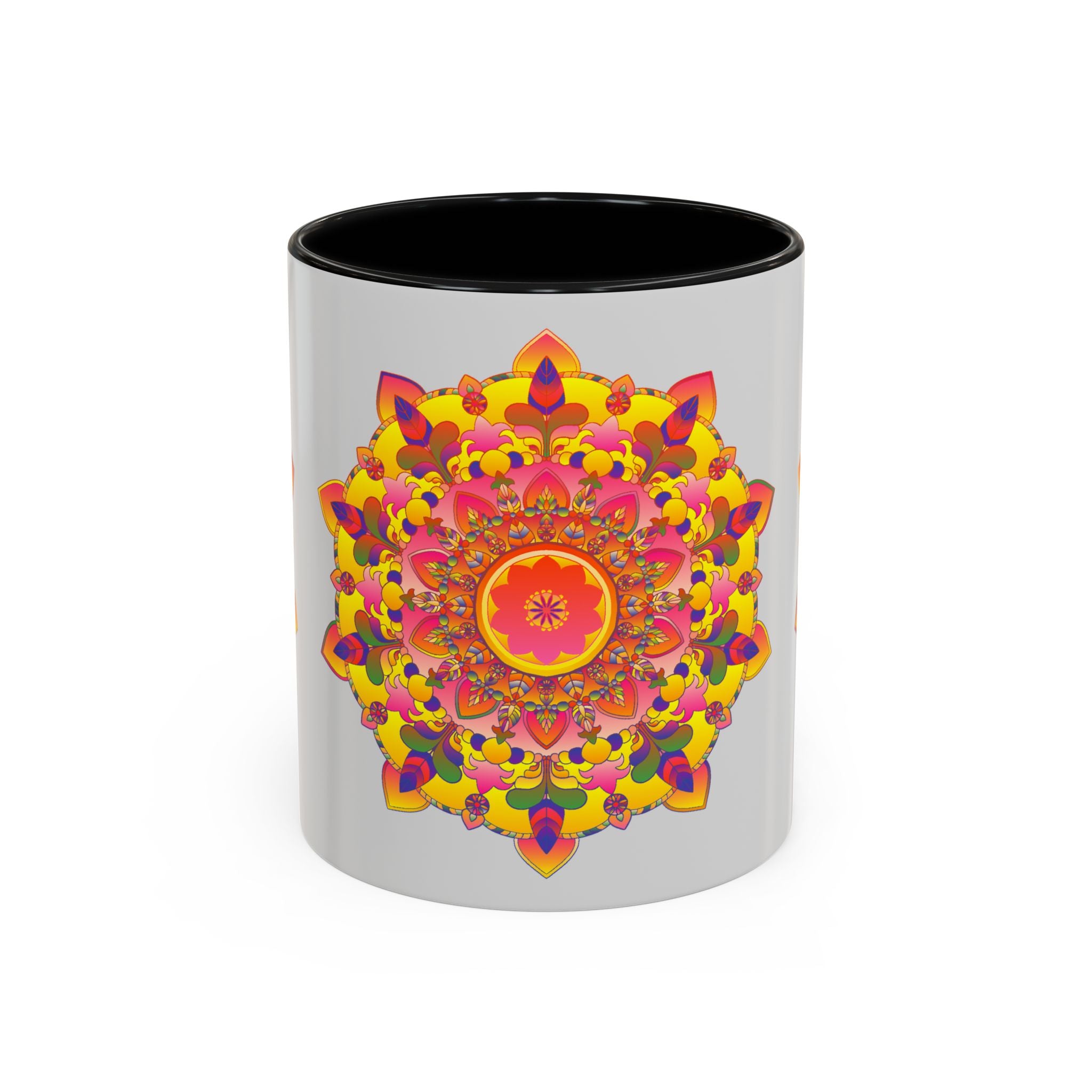 A vibrant and detailed mandala art mug with colorful and intricate design