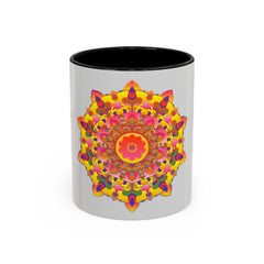 A vibrant and detailed mandala art mug with colorful and intricate design