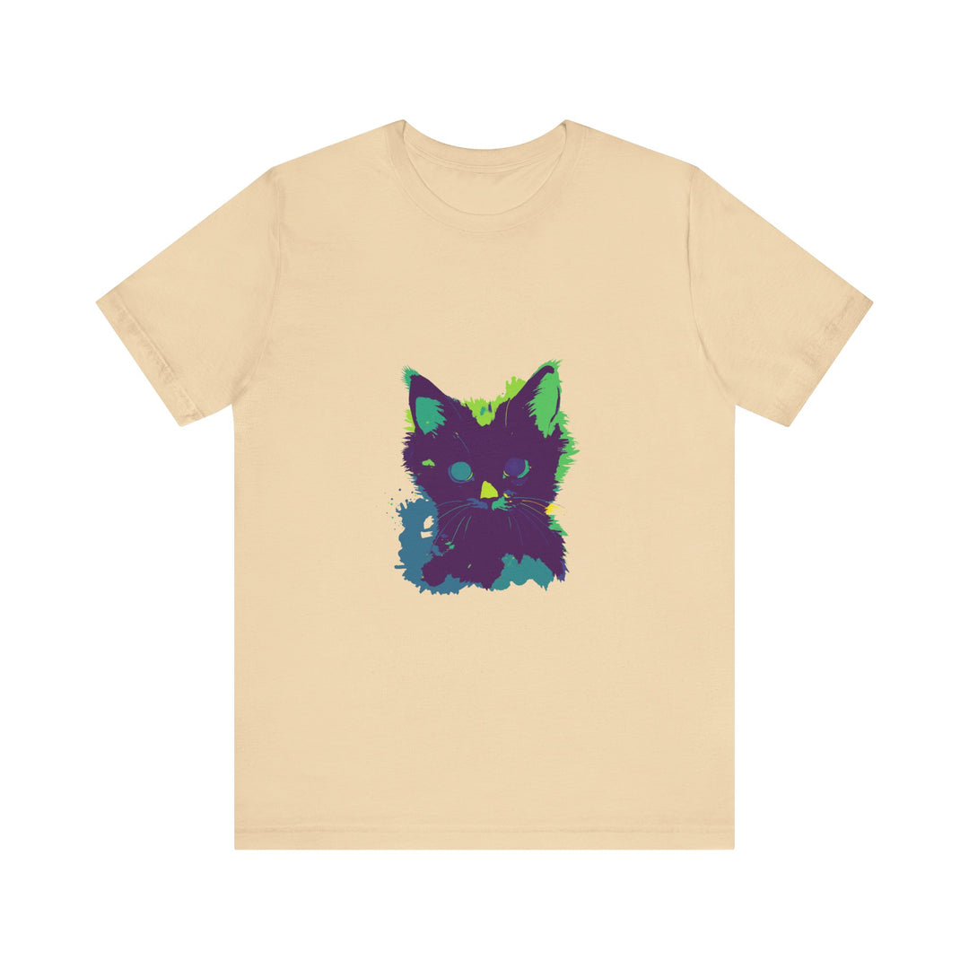 Neon Black Cat Mystery T-Shirt: A vibrant black T-shirt featuring a mysterious neon-colored black cat design